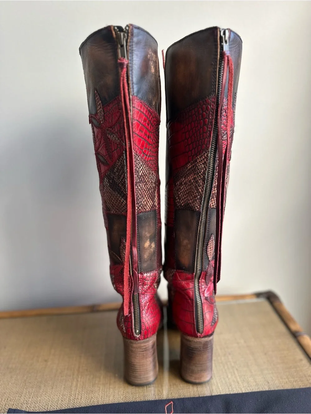 Freebird by Steven Red and Brown Patchwork Over-the-Knee Boots